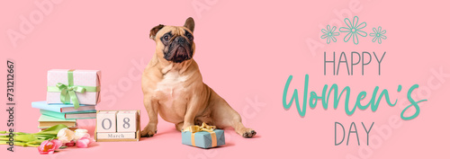 Greeting banner for Women's Day with cute dog, flowers, books, calendar and gifts