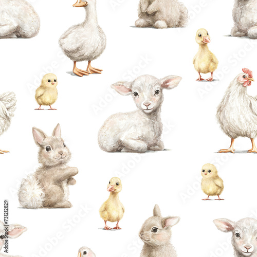 Seamless pattern with vintage rabbits, goose, lamb, chicken and gosling animals set isolated on white background. Watercolor hand drawn illustration sketch
