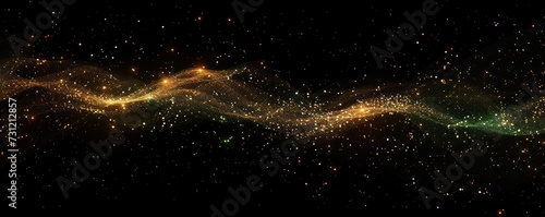  An abstract wave imitated on a dark background, portraying network design with particles. It represents big data and abstract bright shines in black space.