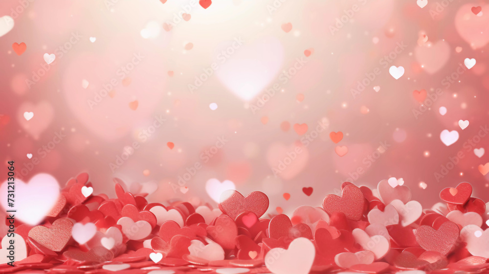 Valentine's day background with pink and red hearts, confetti and glittery particles 