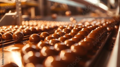 A close-up view of chocolate candies being molded on a production line in a confectionery factory, with a warm lighting atmosphere,