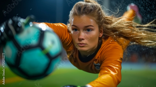 professional woman football goalkeeper is diving to save the ball , women soccer concept photo