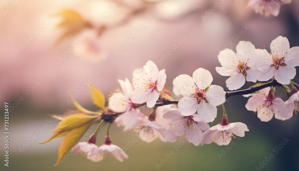 Japanese Cherry Blossom Branch and soft pastel lighting, delicate blooms symbolizing transience and renewal, with copy space
