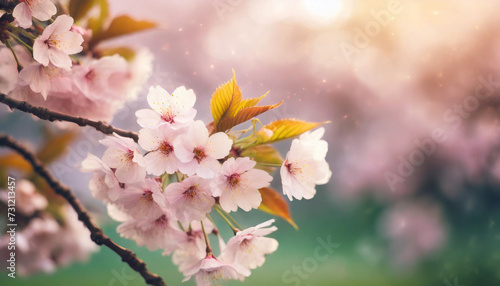 Japanese Cherry Blossom Branch and soft pastel lighting, delicate blooms symbolizing transience and renewal, with copy space © Your Hand Please