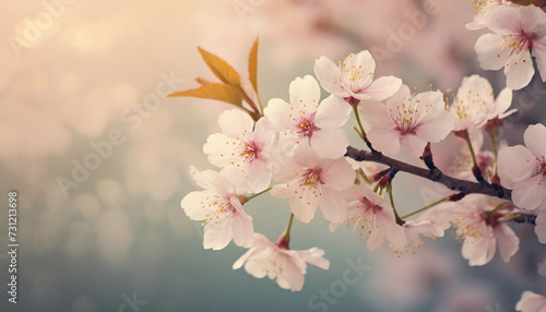 Japanese Cherry Blossom Branch and soft pastel lighting, delicate blooms symbolizing transience and renewal, with copy space © Your Hand Please