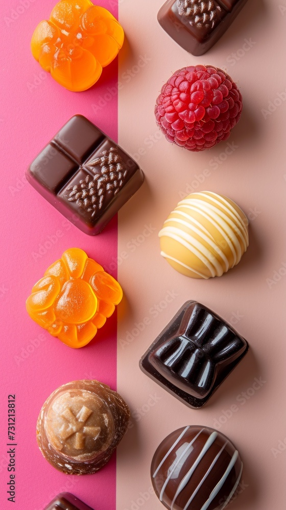 Obraz premium Handmade natural chocolate candies showcased on a pastel background.