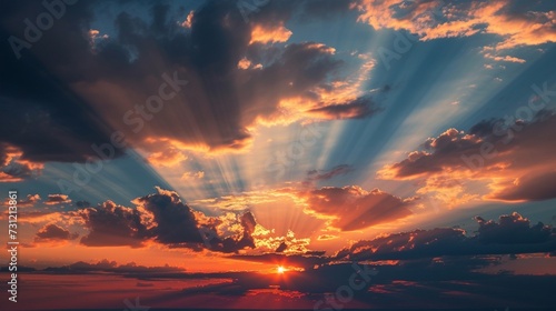 Sunset sky with sun rays and sunset clouds