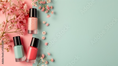retro style, retro palette of nail polish bottles with small flowers, with empty copy space for text, on pastel backgrounds photo