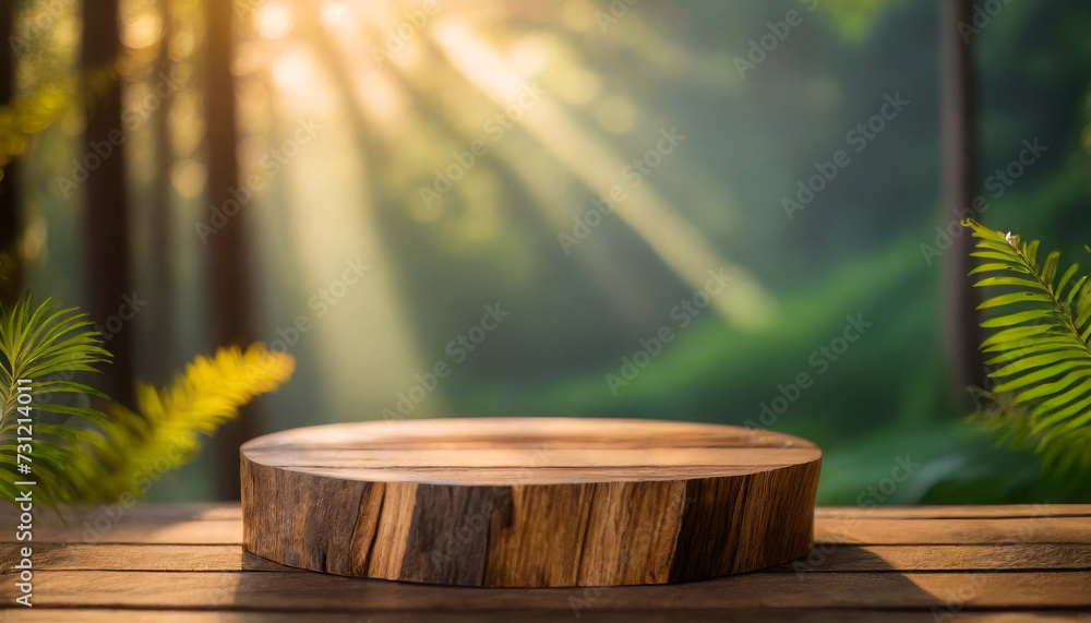Minimal wood podium in sunlight. Ideal for branding and packaging Minimal wood podium in sunlight. Ideal for branding and packaging