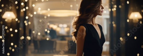 Beautiful woman walking on luxury lounge hotel at evening. AI generated image photo