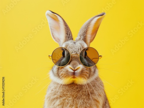 Cool bunny rabbit with sunglasses on yellow background. AI generated image