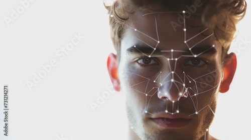 biometrical scan reading for man facial identification while unlocking access against white background photo