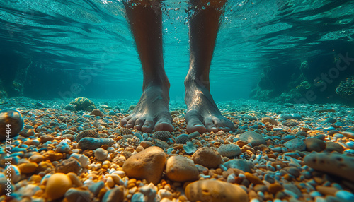 Underwater view of a person's feet standing on a pebble-covered seabed with sunlight filtering through clear blue water. © Vagengeim