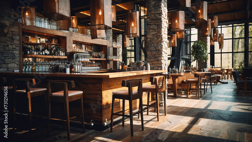 Modern rustic bar interior with natural light illuminating wooden tables, stools, and a bar counter, accentuated by stone pillars and hanging metal light fixtures, creating a cozy and inviting atmosph