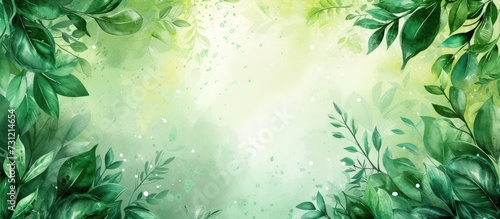 Illustration watercolor lush green leaves on blur Background. AI generated image