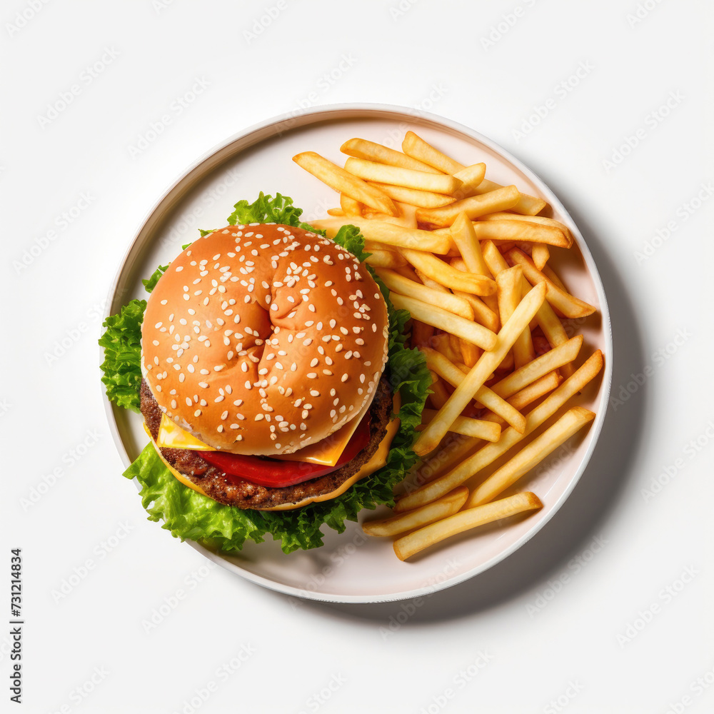 Delicious Hamburger and French Fries Isolated on a White Background  - obrazy, fototapety, plakaty 