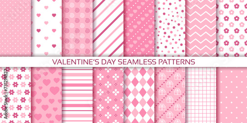Valentine's day seamless pattern. Backgrounds with hearts, flowers, dots. Cute pink prints. Set lovely textures. Girly wrapping papers. Romantic backdrops. Vector illustration. Scrapbooking design.