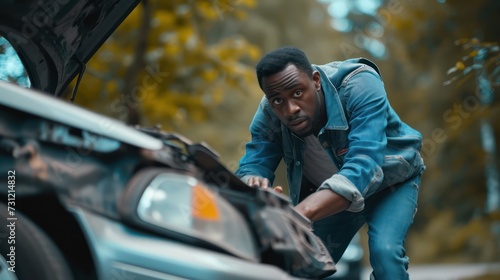 A black man experiencing a car breakdown, looking confused and uncertain about the engine problem while stranded on the road