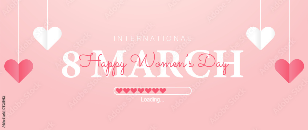 
Poster or banner with Women's day. 8 March. Poster loading. Background for sale with hanging hearts. Happy Women's day header or voucher template with hanging hearts.
