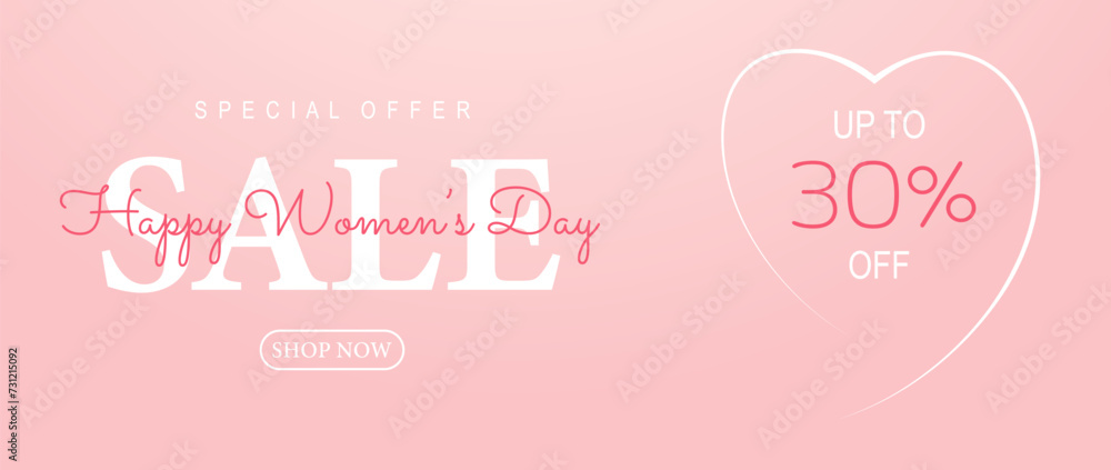 Poster or banner with Women's day. 8 March. Special offer 30% discount. Background for sale with hanging hearts. Happy Women's day header or voucher template with hanging hearts.