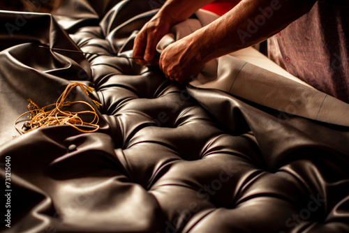 Cuadro en lienzo upholsterer's hands creating a diamond-tufted headboard