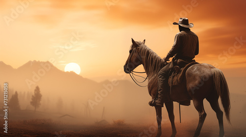 Cowboy on horse at sunset background, banner