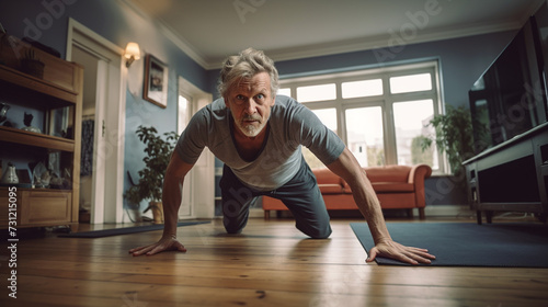 Senior man exercising at home