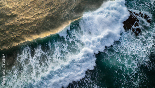 Aerial view of turbulent sea waves crashing, conveying power and intensity