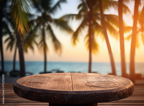 Wood stand on a tropical background mock up © Evvvgenias