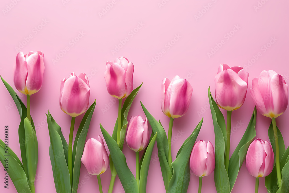 pink tulips on pink background with white space in