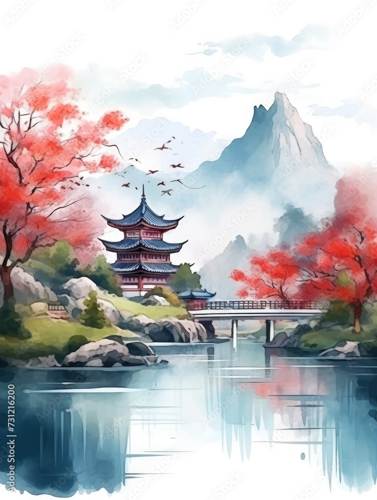 Wallpaper landscape chinese painting style . Asian traditional culture illustration drawing. 