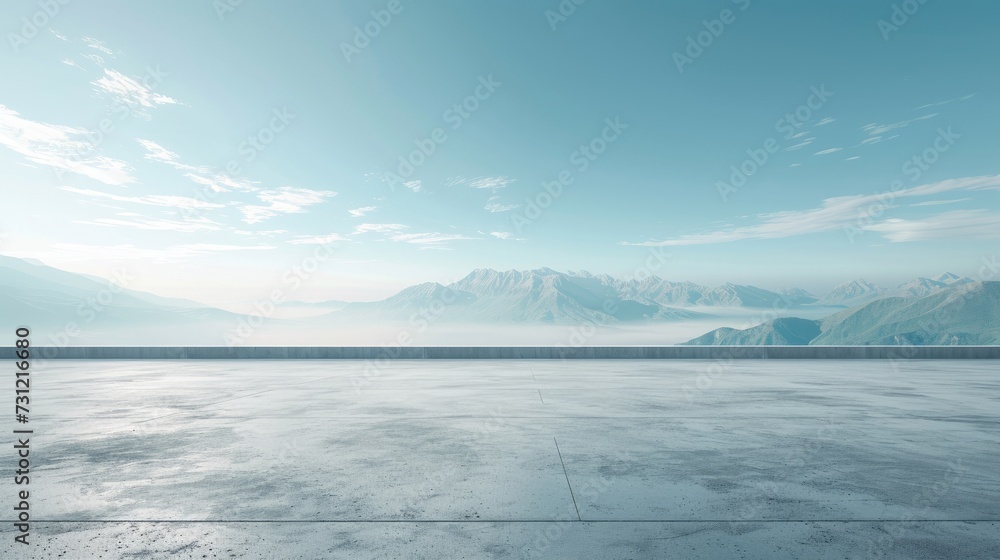Concrete floor or slab, concept of car sale, auto, automobile, automotive  empty space or area in showroom, shop or store. Background design with blue sky and urban city for product display 
