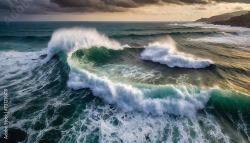 Aerial view of turbulent sea waves crashing  conveying power and intensity