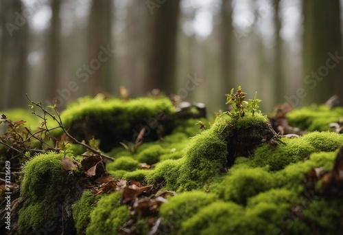 Green moss on tree rotten stump isolated on white background