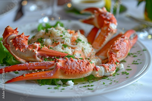 A crab dish exudes an irresistible aroma, evoking the freshness of the sea and the unique flavor of the crustacean. Crab or lobster dish served in a hotel restaurant.