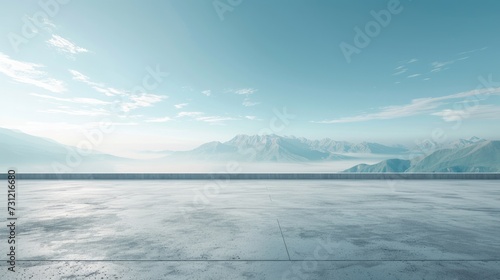 Concrete floor or slab, concept of car sale, auto, automobile, automotive empty space or area in showroom, shop or store. Background design with blue sky and urban city for product display 