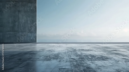 Concrete floor or slab, concept of car sale, auto, automobile, automotive  empty space or area in showroom, shop or store. Background design with blue sky and urban city for product display  photo