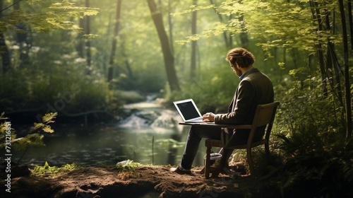 Man working in nature, teleworking, plant a tree, man with laptop in a forest, computer, informatic, feeling good at work, working from home, remote working, back to nature, ecology 