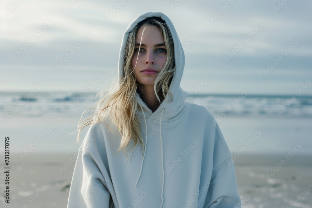 Fashionable Blonde Woman Rocks Oversized White Hoodie By The Beach Fashionable Blonde Woman Rocks Oversized White Hoodie By The Beach