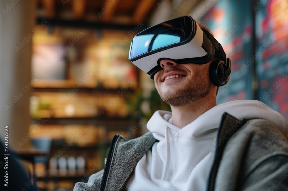 Portrait of happy young man relaxing wearing VR glasses in modern caffe Portrait of happy young man relaxing wearing VR glasses in modern caffe