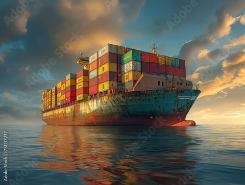 As the sun sets over the calm waters, a massive cargo ship glides through the sky, transporting vital goods in its array of colorful shipping containers