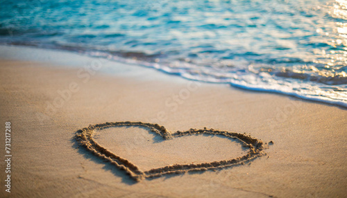 Heart drawn in sand on sunny beach  perfect for travel ads. Space for captions