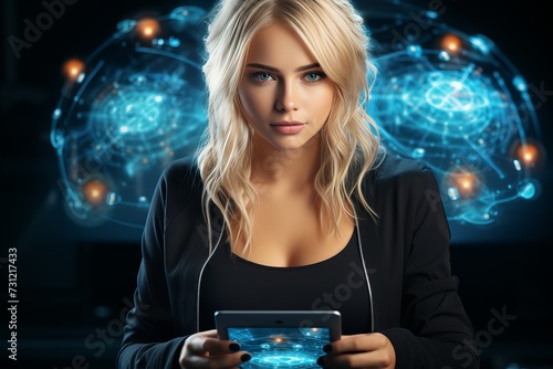 A woman using a neural interface device for computing, highlighting advancements in biotechnology and the onset of the singularity, future of brain-computer
