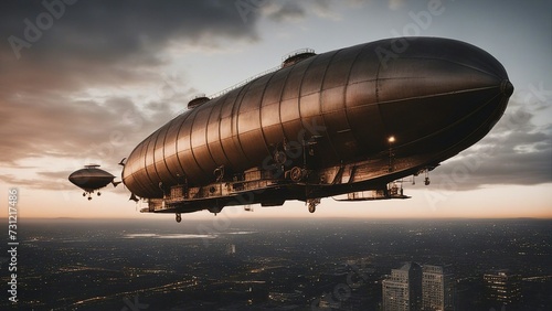 air balloon in the sky A steampunk landscape with a giant airship floating above the city. 