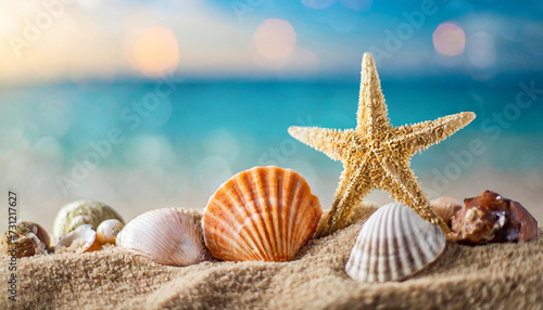 Seashells and starfish on sandy beach by ocean, serene backdrop for relaxation or coastal themes