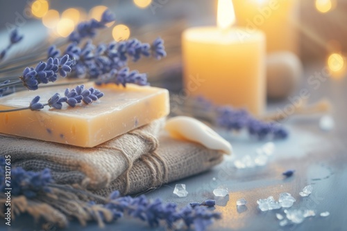 Aesthetic Composition  Lavender And Candle-Decorated Handmade Soap On Table