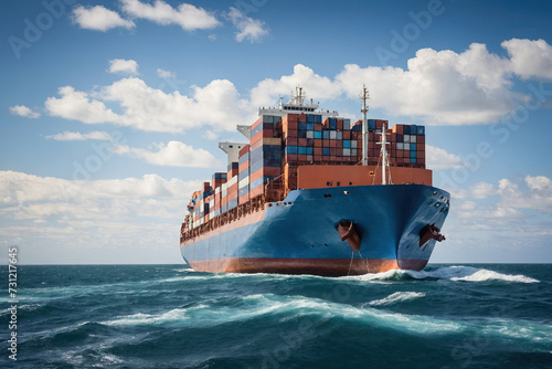 Blue cargo ship with containers on board.