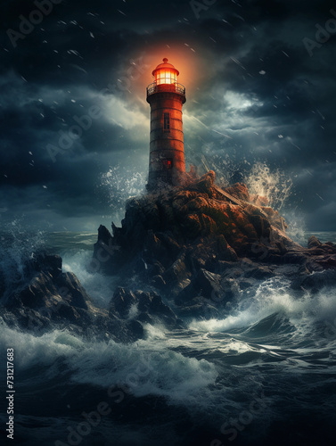 Mysterious haunted lighthouse in a stormy ocean on a tiny rocky island. 