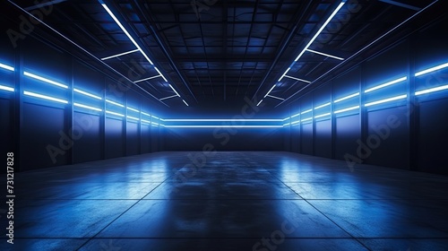 Dark garage background  perspective view of warehouse in with led neon blue lighting. Modern design of large empty room  abstract space interior. Concept of show  industry  studio