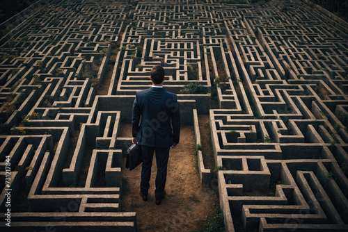 The back of a businessman lost in a maze. The back of a puzzled businessman, lost in a huge maze.